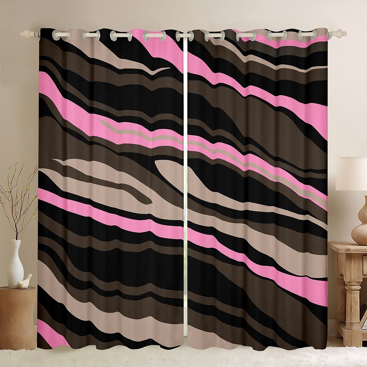 Tenda a righe geometriche marroni, beige, nero, vortici, tende per finestre per bambini, ragazzi, ragazze, stile retrò, per camera da letto, soggiorno, arte astratta, trattamenti per finestre, W46 x