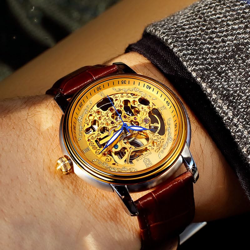 Image of ROCOSJEWE Men Analogue Luxury Watches Automatic Skeleton Watch Leather Strap Gold Dial Anti Shock Self Winding Dress Business Wristwatch Waterproof Luminous RW00142 Brown
