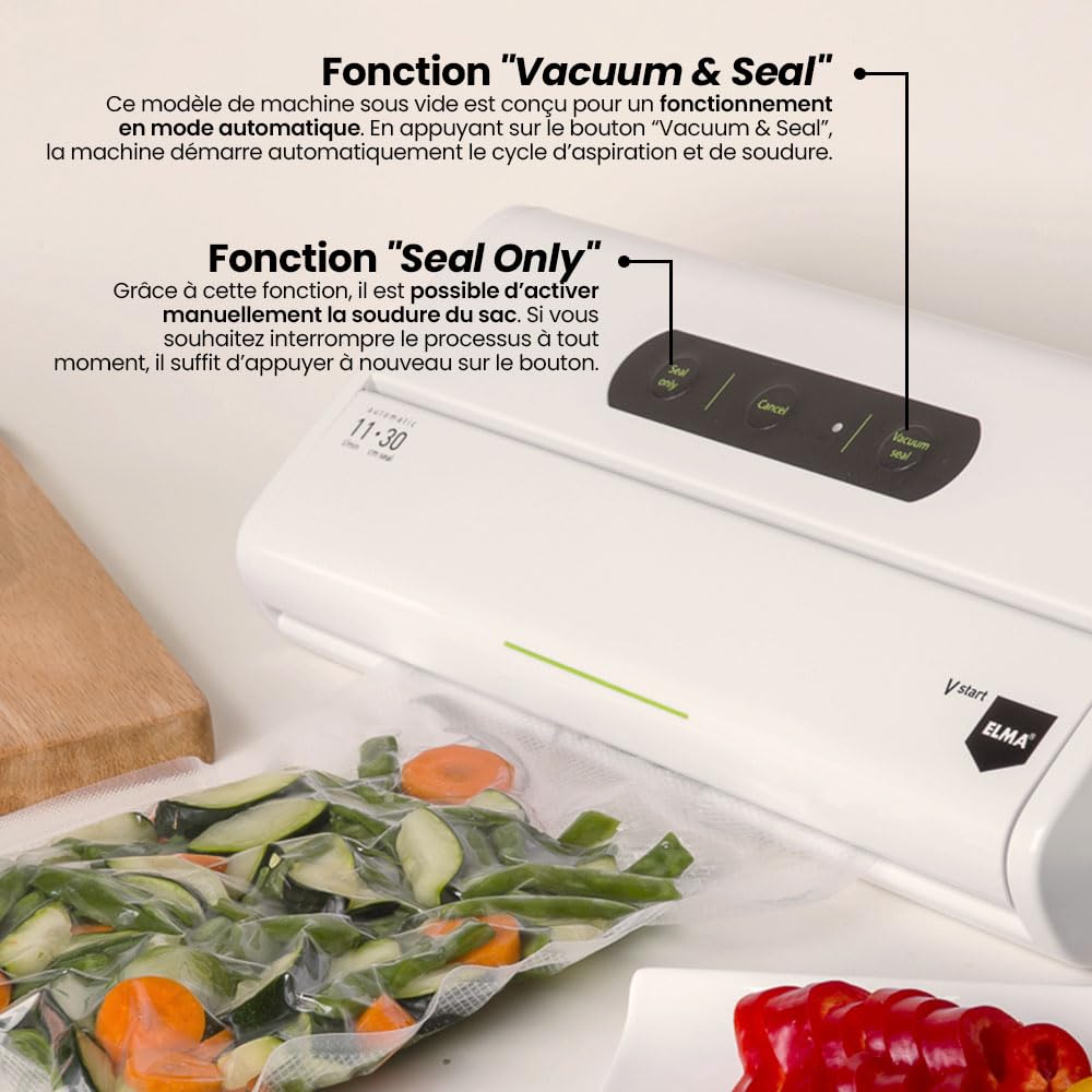 ELMA Machine sous vide domestique V Start, machine sous vide alimentaire | Taille compacte, emballage automatique avec barre d'étanchéité de 30 cm | Blanc, 34 x 15 x 7 cm, 175 W | Comprend des sacs