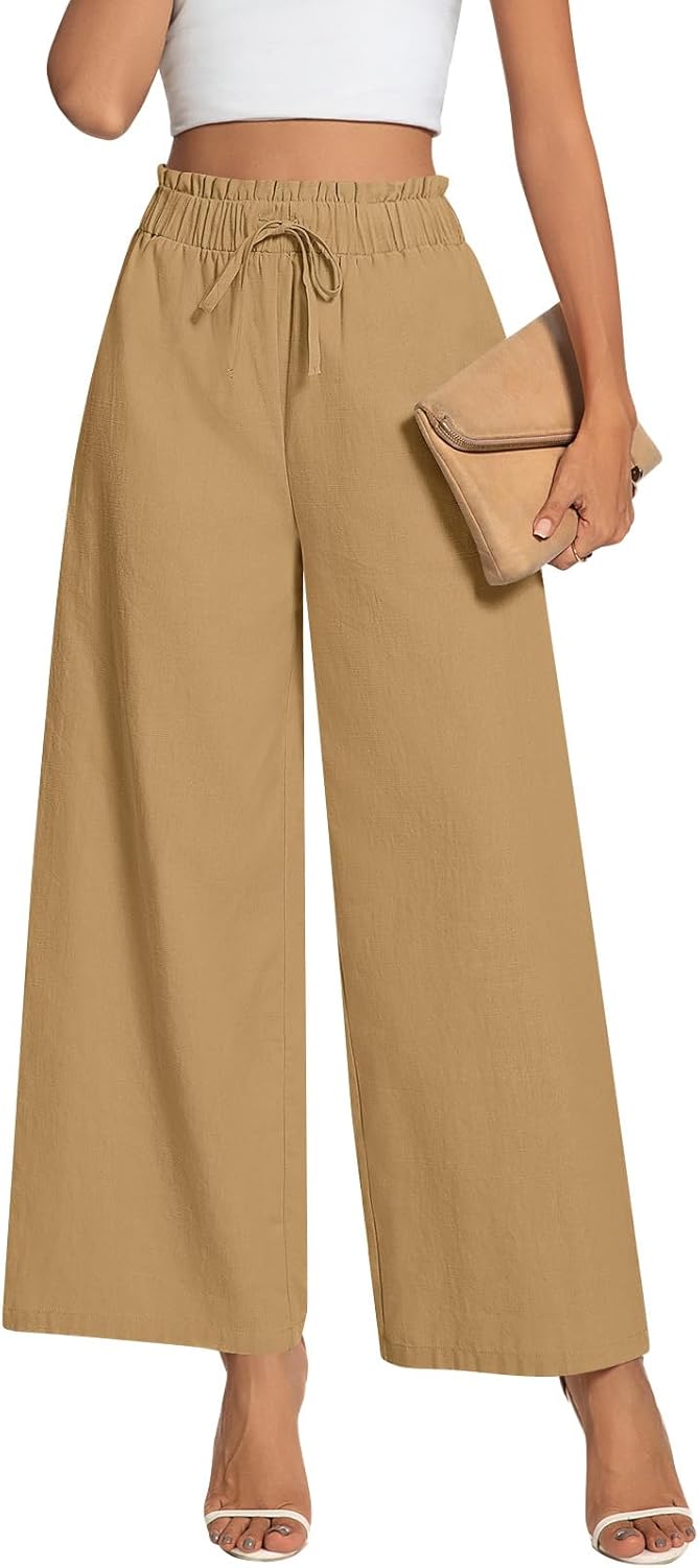 Anyally Women's Linen Summer Palazzo Pants Casual Flowy Wide Leg Drawstring High Waist Beach Trousers with Pockets - Image 5
