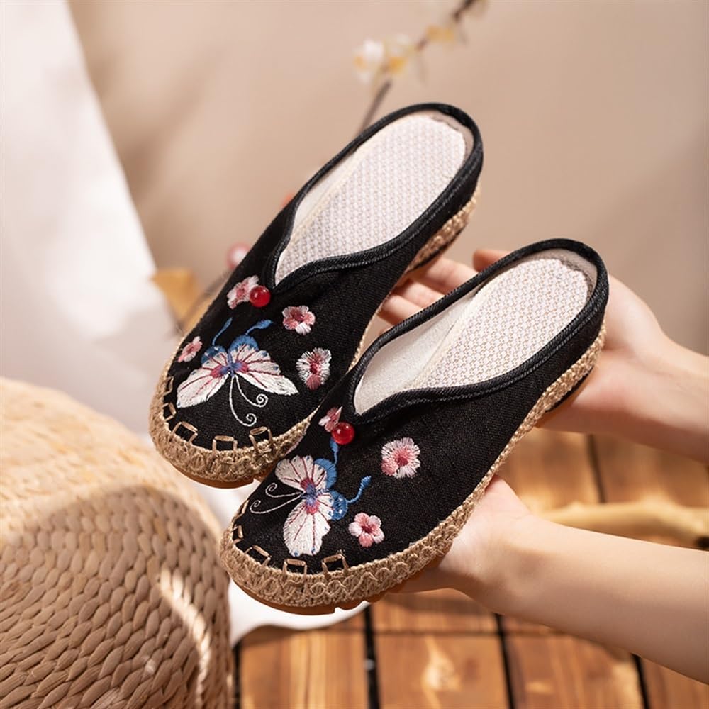 Ethnic Style Traditional Embroidery Slippers Women Summer Fashion Flats Shoes Casual Comfort Round Toe Mule Shoes Chinese Style Old Beijing Cloth Shoes(Black,7.5)