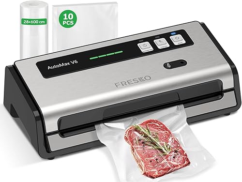 FRESKO Macchina Sottovuoto Alimenti Automatica, 140W, con fasce riscaldanti allargate, taglierina integrata e vano porta sacchetti, modalità umido e asciutto, Automax V6
