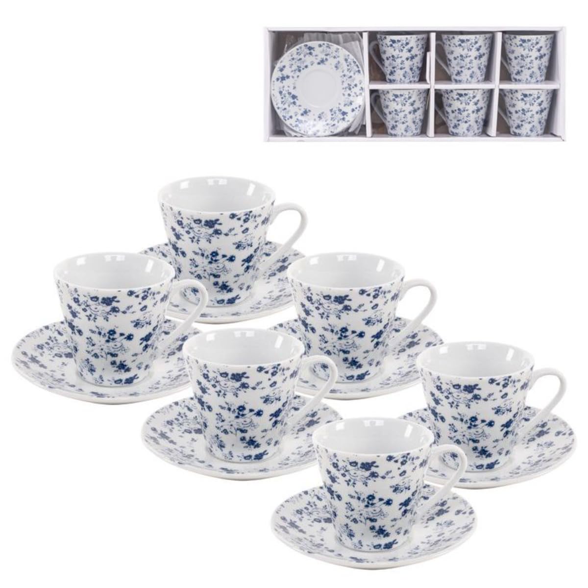 Service à café 6 petites tasses 90 ml avec assiette, céramique blanche avec fleurs bleues vintage, passe au lave-vaisselle et au micro-ondes, pour invités de fête