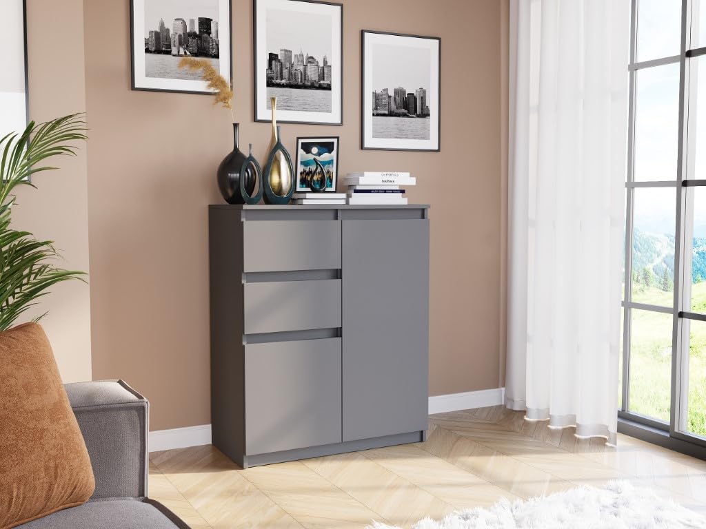 Highboard Anthrazit 80x40x98 cm – kompakte Kommode mit Schränken & Schubladen, Sideboard für Wohnzimmer, Esszimmer & Schlafzimmer, Modern S-2