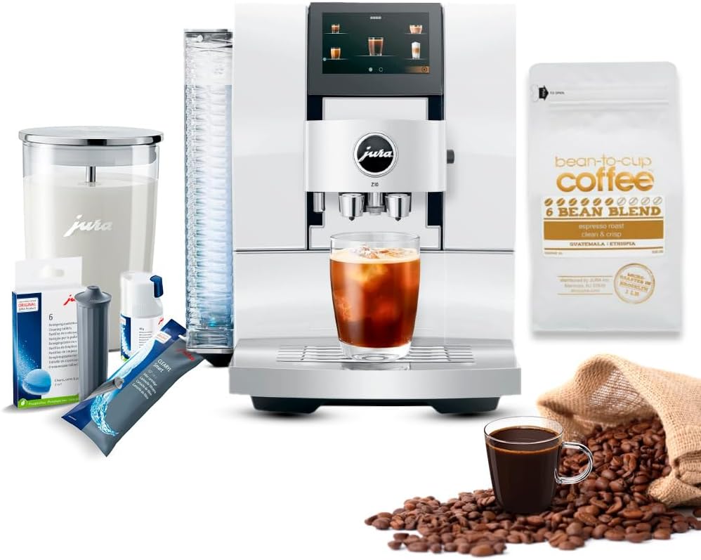 Jura Z10 Automatic Coffee Machine with Product Recognizing Grinder and One-Touch Bundle with Filter Cartridge Water Stabilizer, Capresso Coffee Bean and Accessories (6 Items)