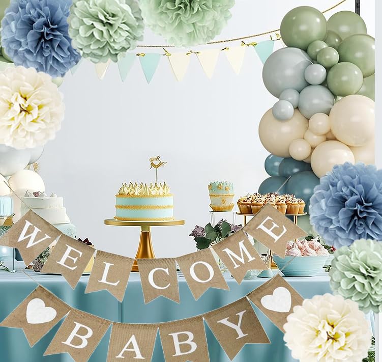 Image of Tissue Paper Pom Poms Kit Paper Flowers 12pieces for Baby Shower Wedding Bridal Bachelorette Birthday Party Decorations (Dusty Blue + Pastel Sage Green)