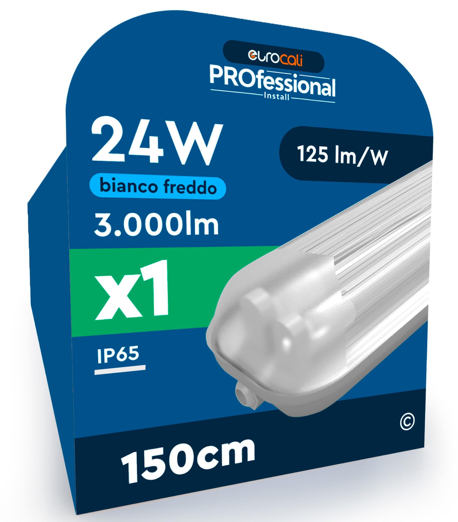 Eurocali 1 Plafoniera con 2 Tubi LED 24W 150cm T8 G13 con Starter 3000 lumen Garanzia 3 Anni - Luce Fredda 6500K Alta Luminosità 125 lm/W - Kit IP65 Waterproof per Soffitto Garage Negozio