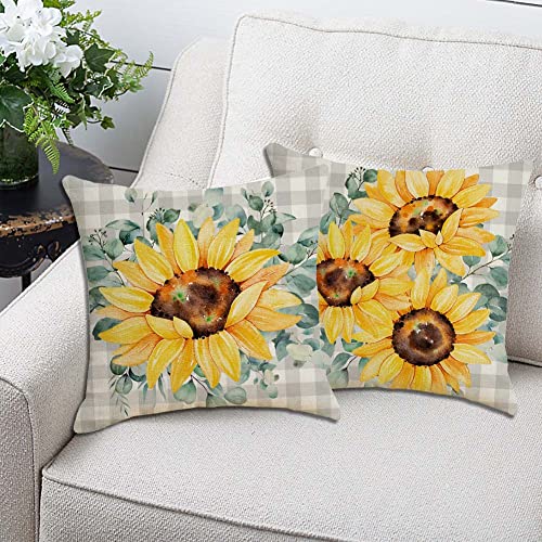 Gaonini Spring Summer Pillow Covers 18X18 Set Of 4, Yellow Sunflower Decorative Throw Pillow Covers Outdoor, Farmhouse Buffalo Plaid Home Sweet Home Spring Pillows Summer Decorations For Home Couch #TOP6