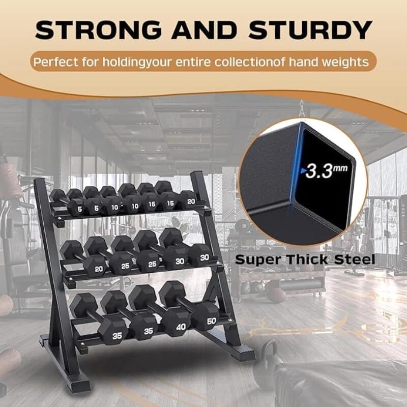 Miniatura 6 de Estante para mancuernas de 3 niveles, resistente para gimnasio en casa, soporta mancuernas y juego de pesas rusas, soporte para mancuernas solo con