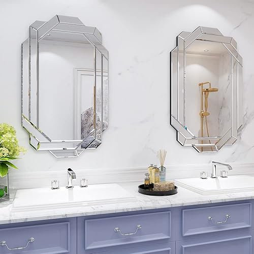 Miniatura 4 de Chende Espejo de pared para decoración espejo decorativo octogonal de 36 x 24 pulgadas con borde biselado y piezas de cristal espejo de acento