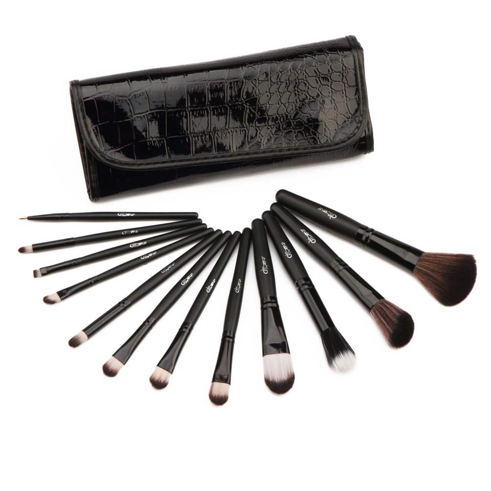 Glow 12 makeup brushes set (12 make up brush set with faux leather case, Black)