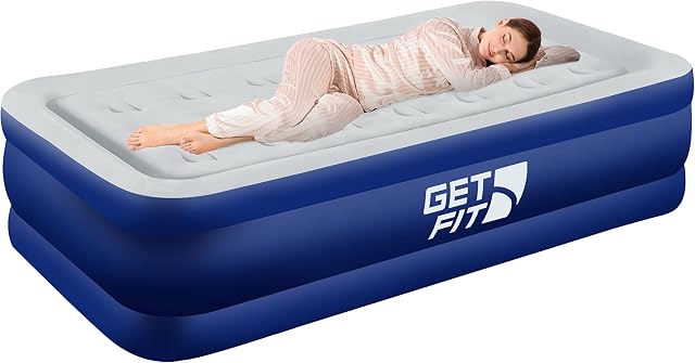 Get Fit Air Bed with Built In Electric Pump - Premium Single Size - Blow Up Bed with Free Pillow - Elevated Inflatable Air Mattress for Outdoor, Camping, Tents - Navy/White