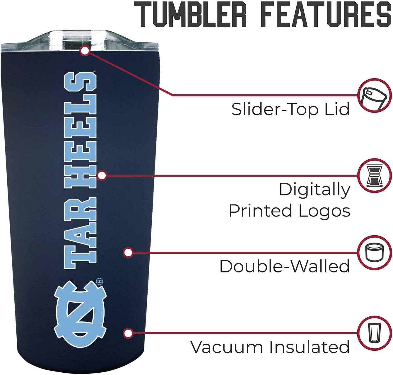 Campus Colors College Stainless Steel, Double Walled, Vacuum Insulated, Reusable Collegiate Tumbler with Slider-Top Lid for Travel, Sports, and Coffee,18 oz (North Carolina Tar Heels - Navy) - Image 5