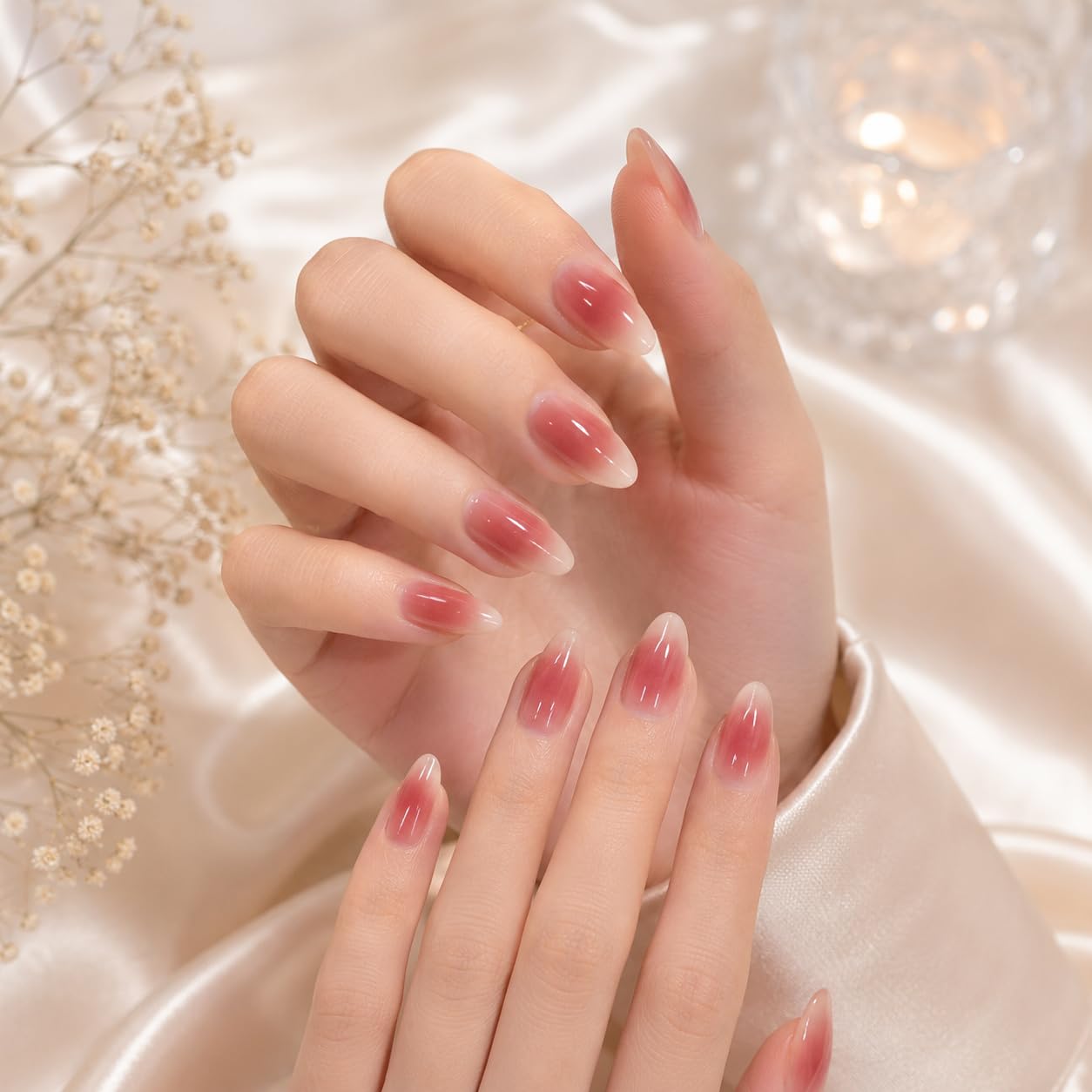 Almond Press On Nails Short - French Glitter Fake Nails With Pink Blush - Glossy-image-23