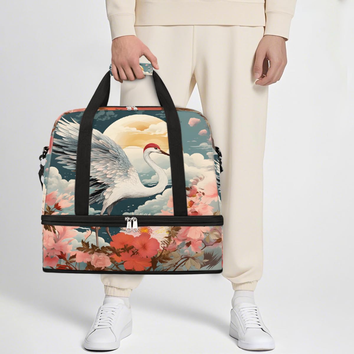 Borsone da viaggio pieghevole da viaggio con gru con corona rossa, borsa da palestra espandibile con scomparto per scarpe, borsa da weekend di grande capacità, borsa da viaggio per viaggi, sport