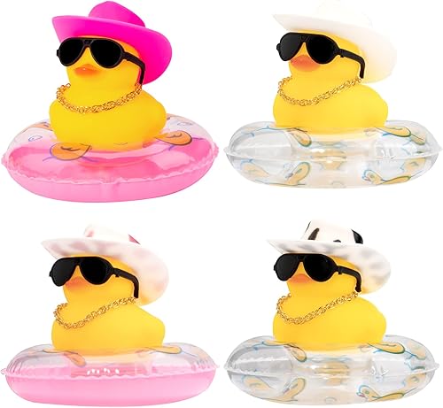 Miniatura 8 de wonuu Car Duck - 4 adornos de pato de goma para automóvil, decoración de tablero de automóvil de pato amarillo con mini sombrero, anillo de
