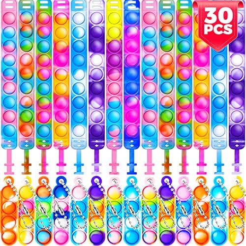 30 Pcs Fidget Toys Pack Party Bag Fillers for Kids, 15 x Pop Bracelet It & 15 x Poppet Keyring, Pinata Christmas Eve Box Stocking Fillers Kids Hen Party Favours Xmas Gifts Sensory Toys for Girls Boys