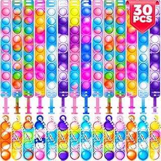 30 Pcs Fidget Toys Pack Party Bag Fillers for Kids, 15 x Pop Bracelet It & 15 x Poppet Keyring, Pinata Christmas Eve Box Stocking Fillers Kids Hen Party Favours Xmas Gifts Sensory Toys for Girls Boys