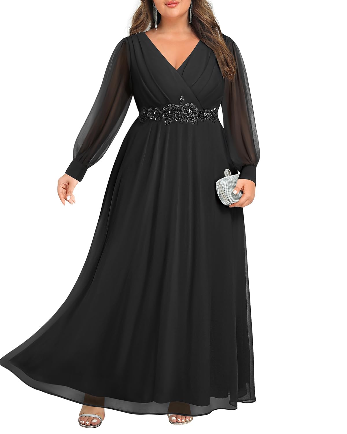 Pinup Fashion Women Plus Size Formal Dresses - Long Sleeve Evening Gown Applique Chiffon Maxi Dress