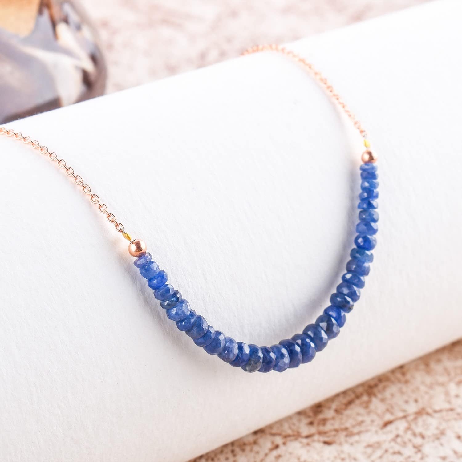OdrillionGems Natural Blue Sapphire Gemstones Bar Necklace, Faceted Beads, 14K Rose Gold Plated, 925 Sterling Silver, Women Jewerly, September Birthstone, Healing Crystals, Valentine Gift, Size 18" - Image 4