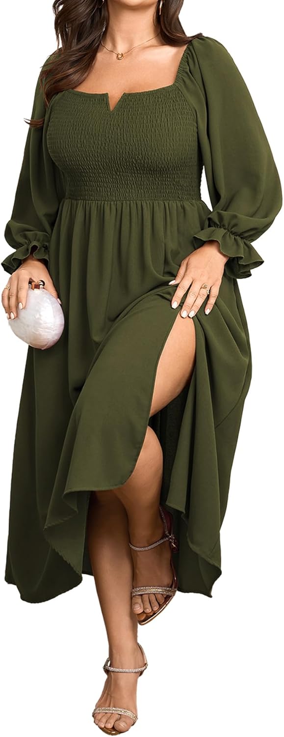 SCOMCHIC Womens Plus Size Maxi Dress Long Sleeve Square Neck Smocked Wedding Guest Flowy Split Fall Dresses with Pockets