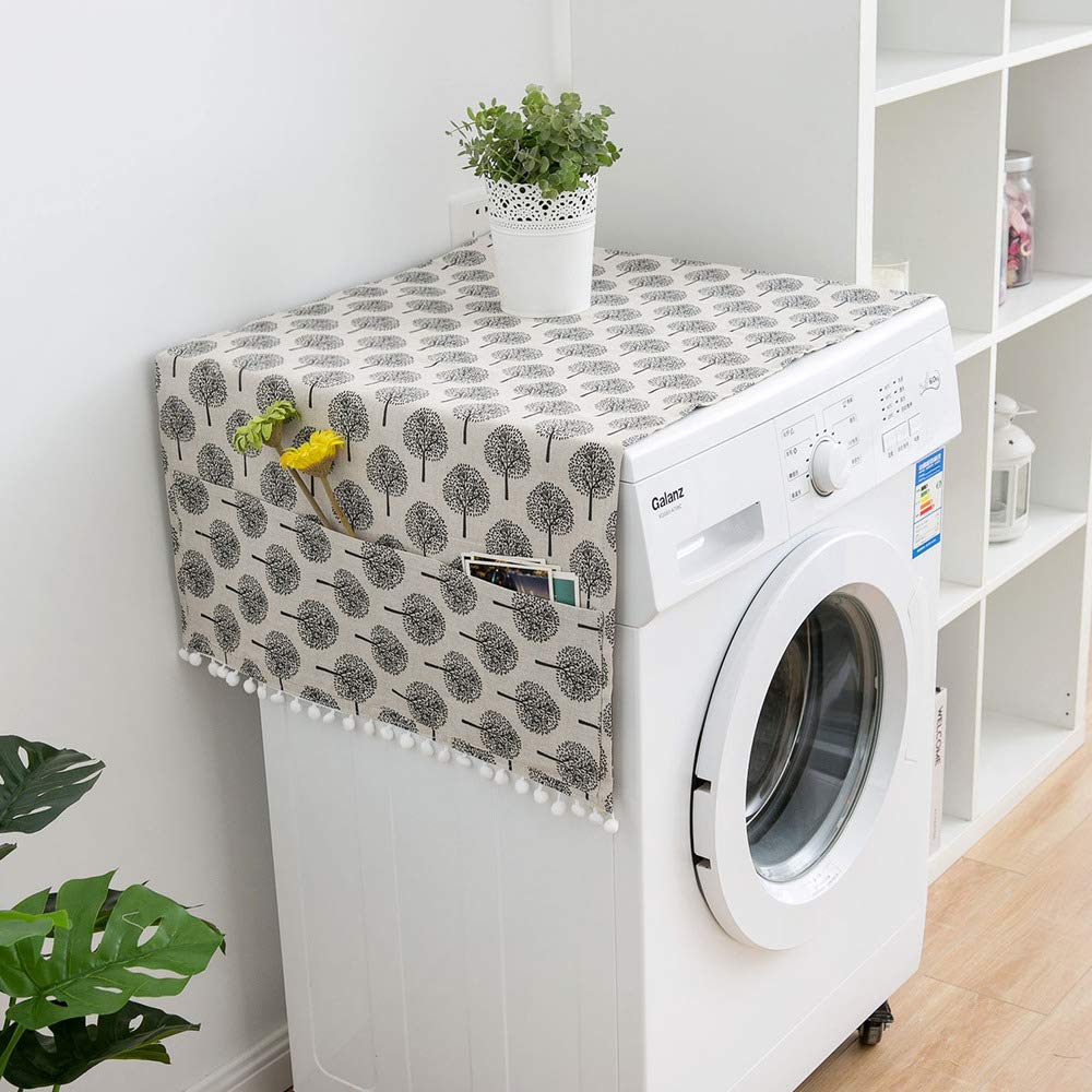 Bestenrose Fridge Dust Cover Multi-Purpose Washing Machine Cotton Linen Top Cover with Side Storage PocketsDust Proof Cover with Side Storage with Pockets (Small Tree On White, 30x 90CM)