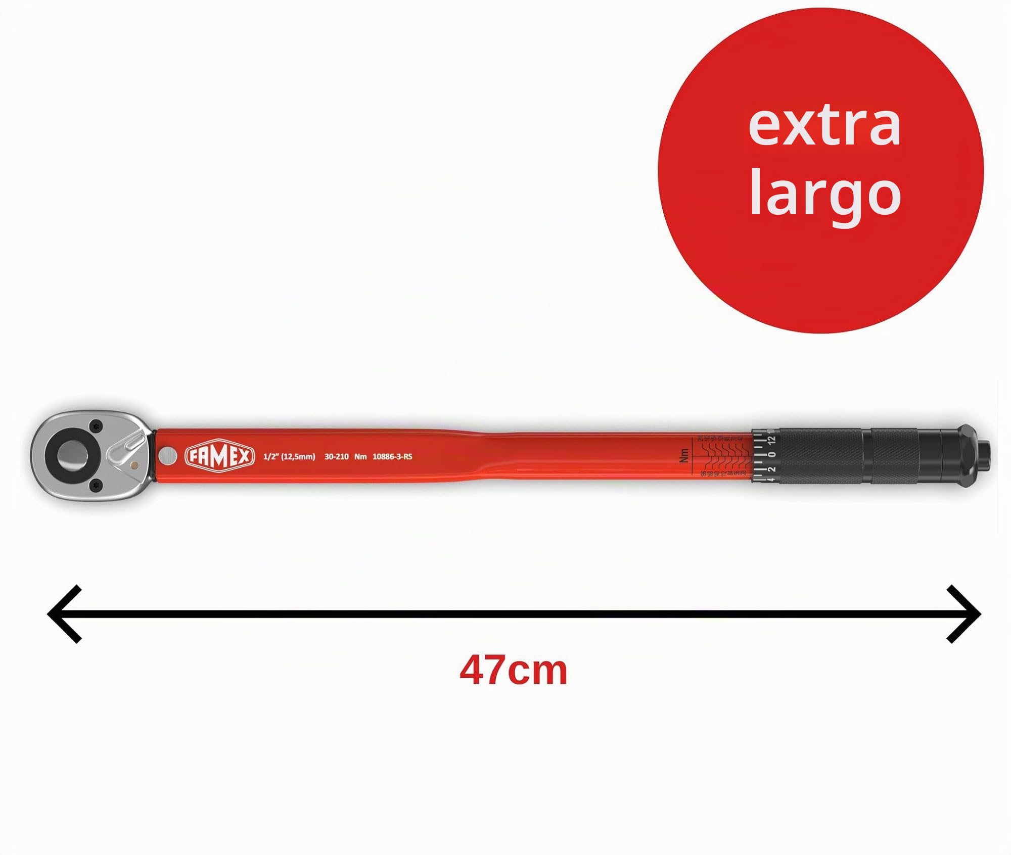 FAMEX 10886-3-RS-KS - Llave dinamométrica de 1/2" (12,5 mm) 30-210 Nm +/- 3%, 3 llaves de vaso/insertos suaves, con certificado de calibración, para coche, moto, SUV, furgoneta