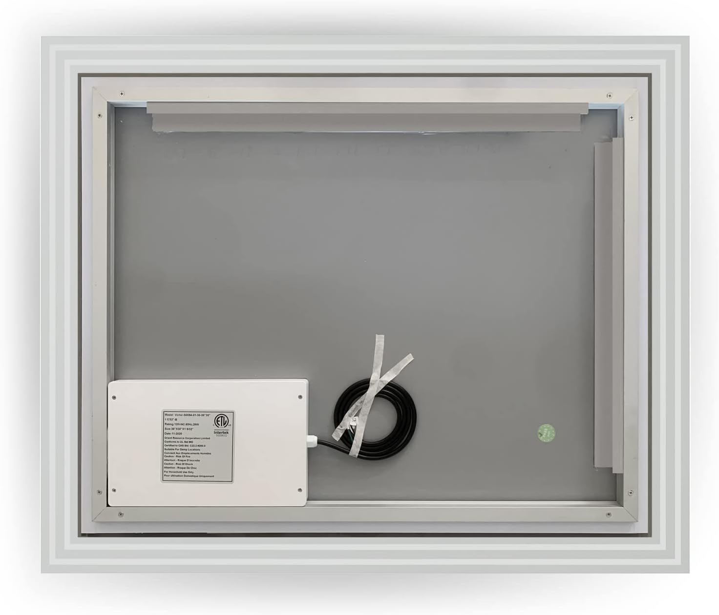 Atgal view of the Livorno LED mirror showing the electrical wiring and UL/ETL certified driver
