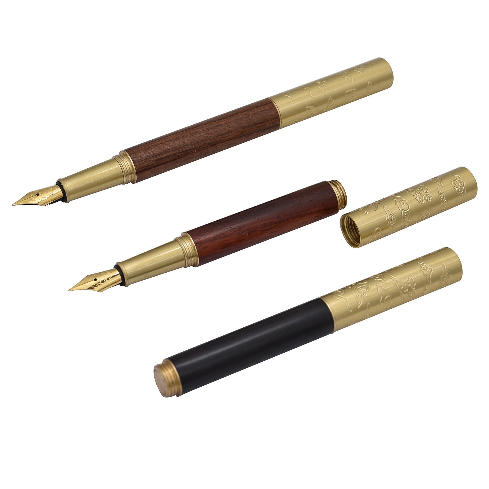 SIPLIV Handcrafted Auspicious Clouds Patterned Brass Wooden Fountain Pen Short Paragraph (101mm) Pocket Mini Travel Pen with 20 Pcs Black Ink Cartridges - Image 4