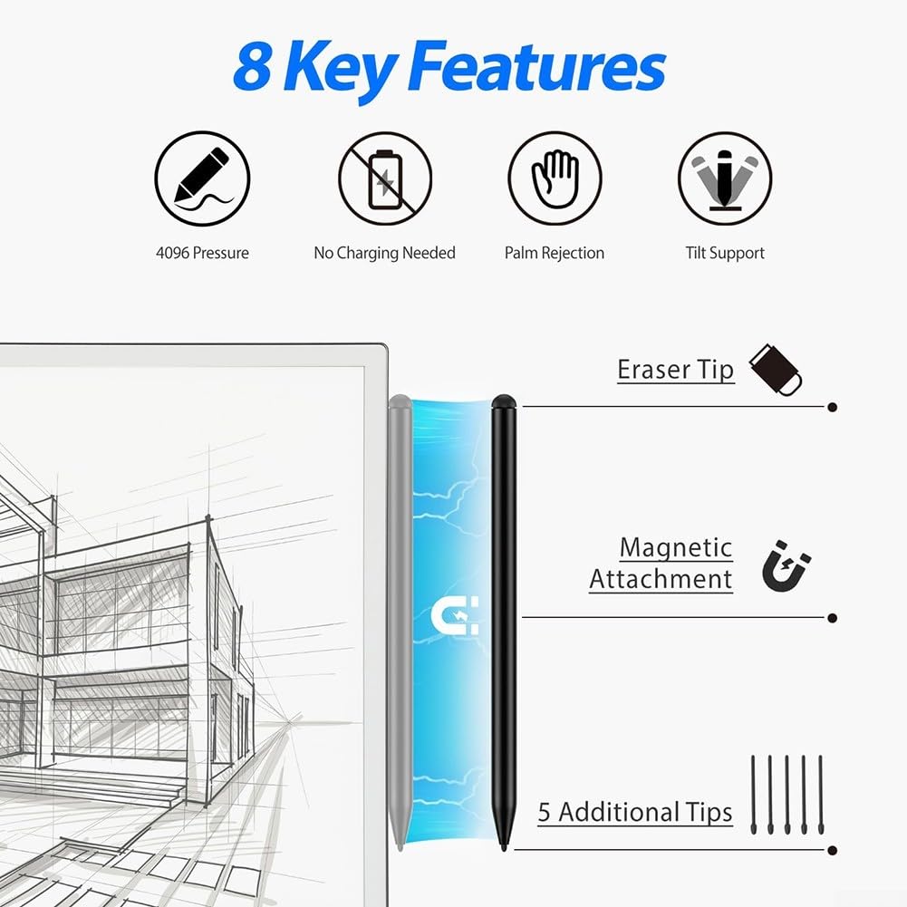 Stylet pour Remarkable 2, sensibilité à la pression 4096 avec rejet avancé de la paume et 5 pointes interchangeables pour une créativité accrue