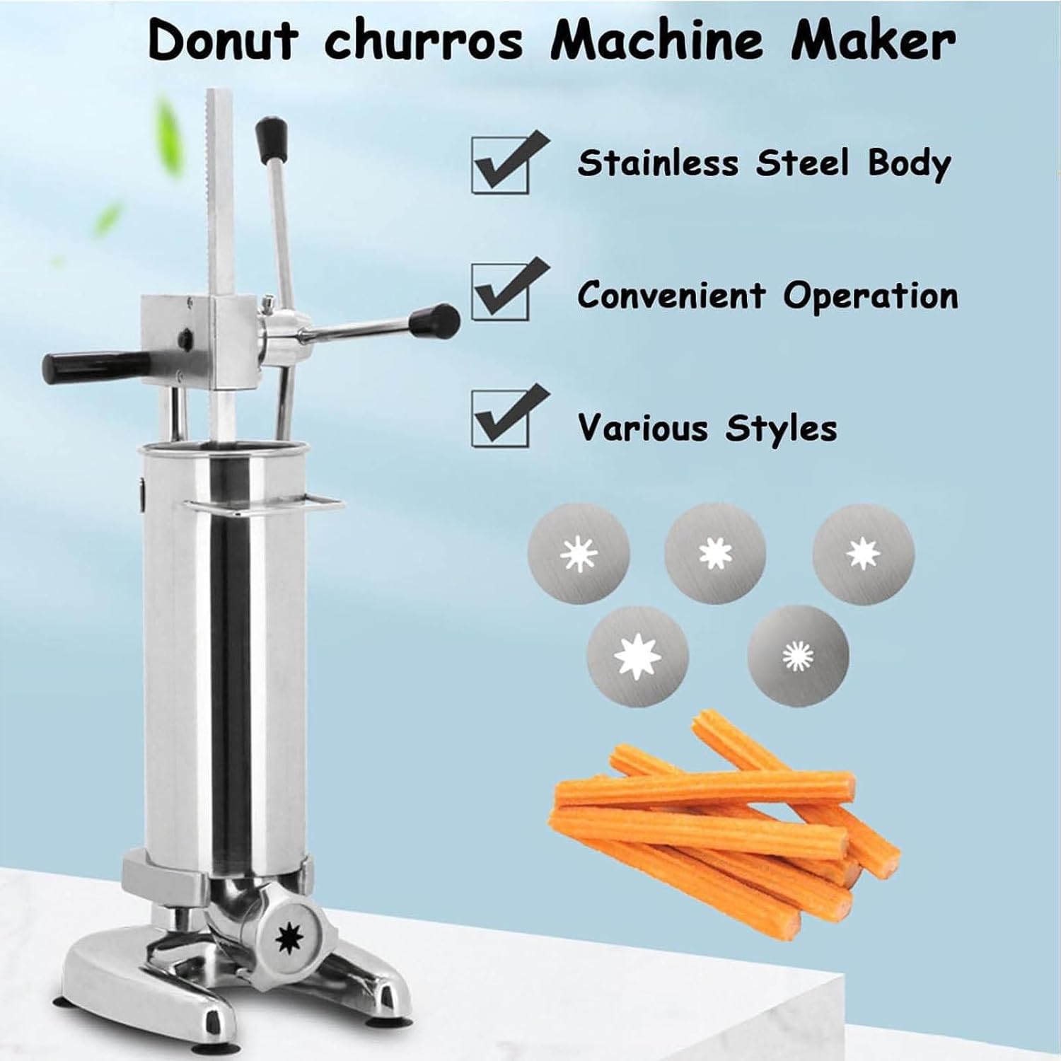 Spanish Donut Machine,Manual Churro Maker,with 1pcs Apron & 5 Molds & 4 Pairs of Gloves,Stainless Steel Material,Suitable for Cake Shops/Coffee Shops/School Restaura,3L