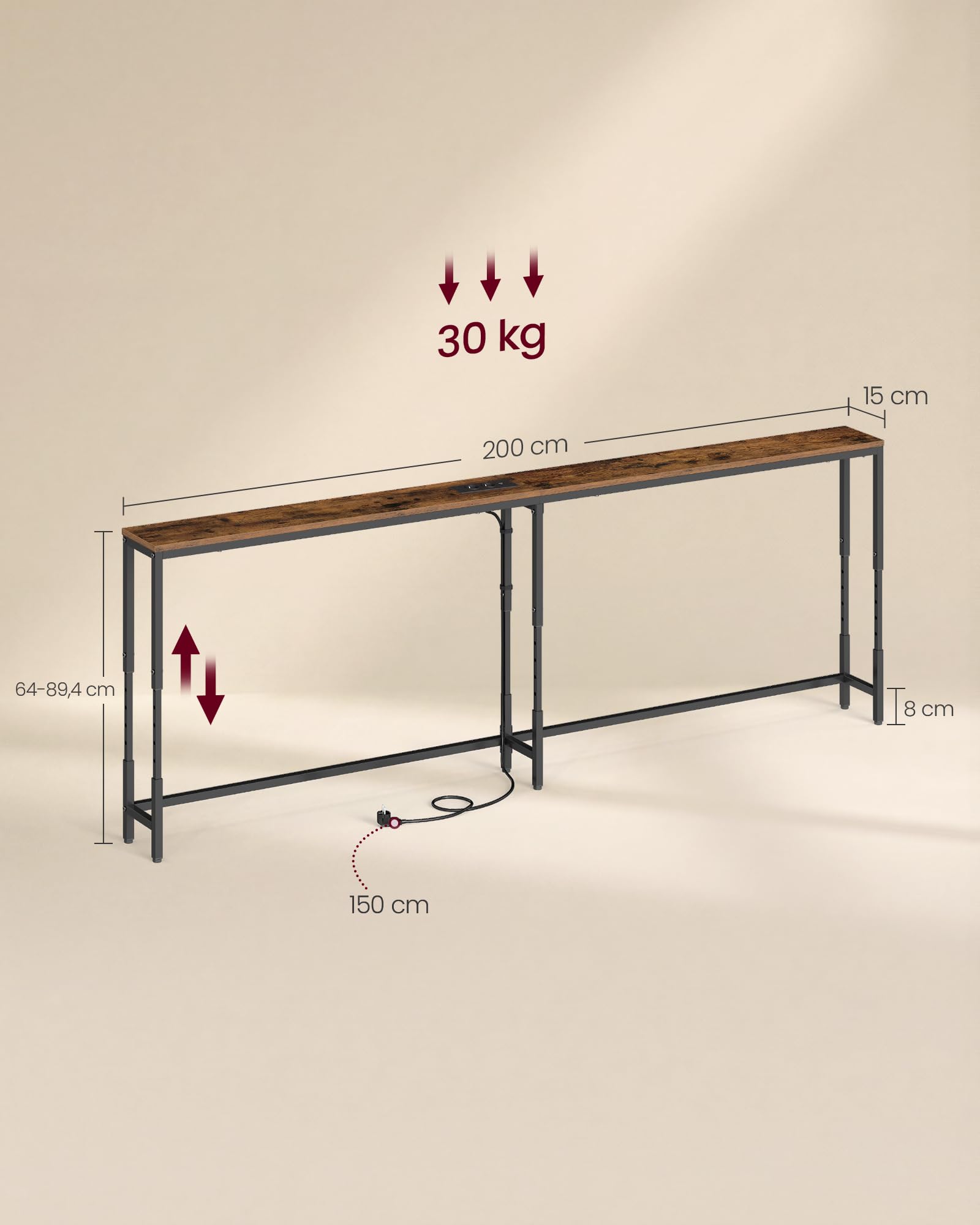VASAGLE Mesa Consola Estrecha con Enchufes, Altura Ajustable | Mesa Detrás del Sofá, 200 x 15 x (64-89,4) cm, para Salón, Pasillo, Marrón Rústico y Negro Mate, Colección BARNET LNT187K102