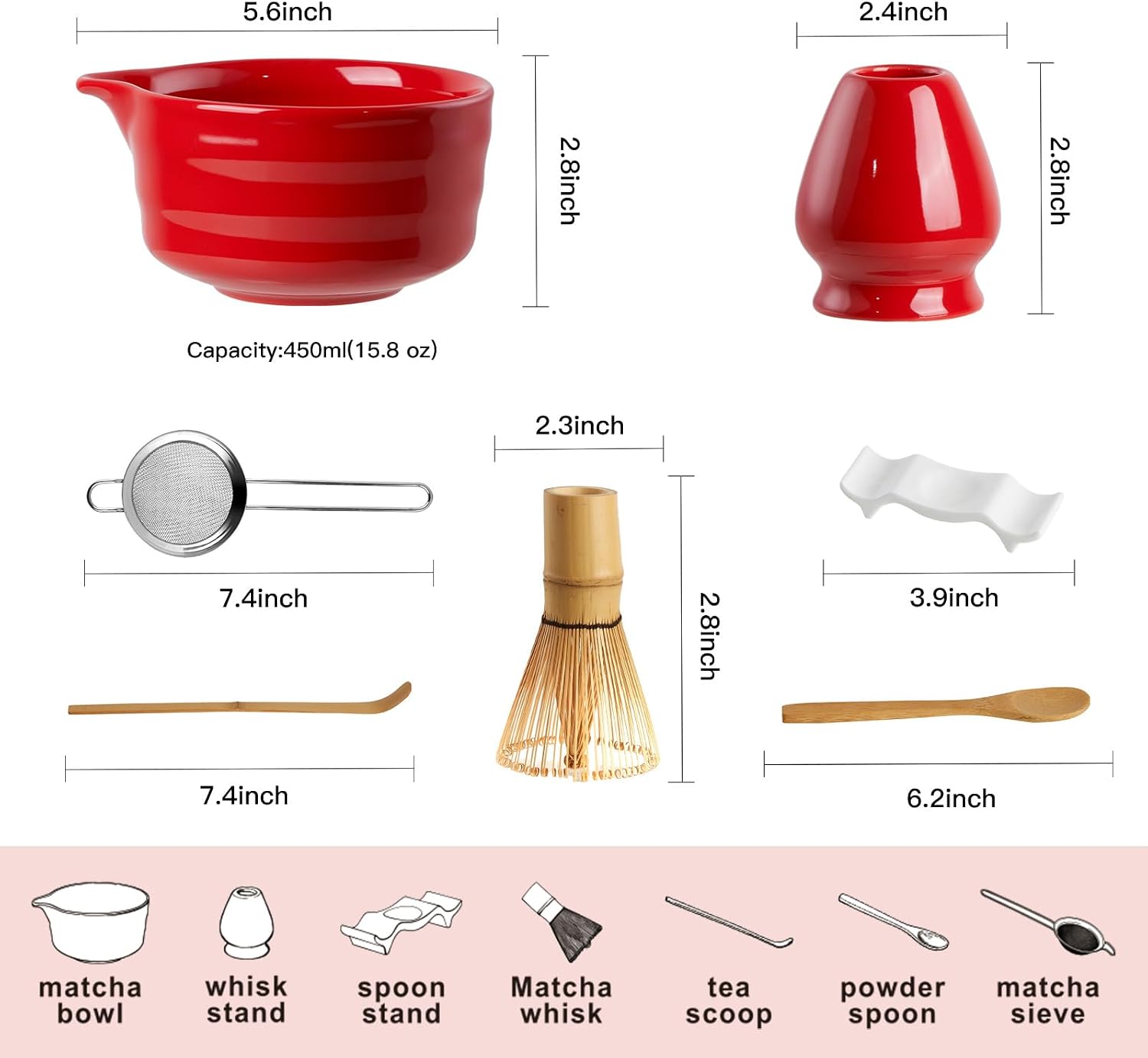 YOLIFE Matcha Whisk Set, Red Matcha Set, Ceramic Matcha Bowl and Whisk (Chasen), Holder, Sifter, Bamboo Scoop, Spoon & Spoon Rest, 7 Pcs Matcha Kit for Matcha Tea Ceremony