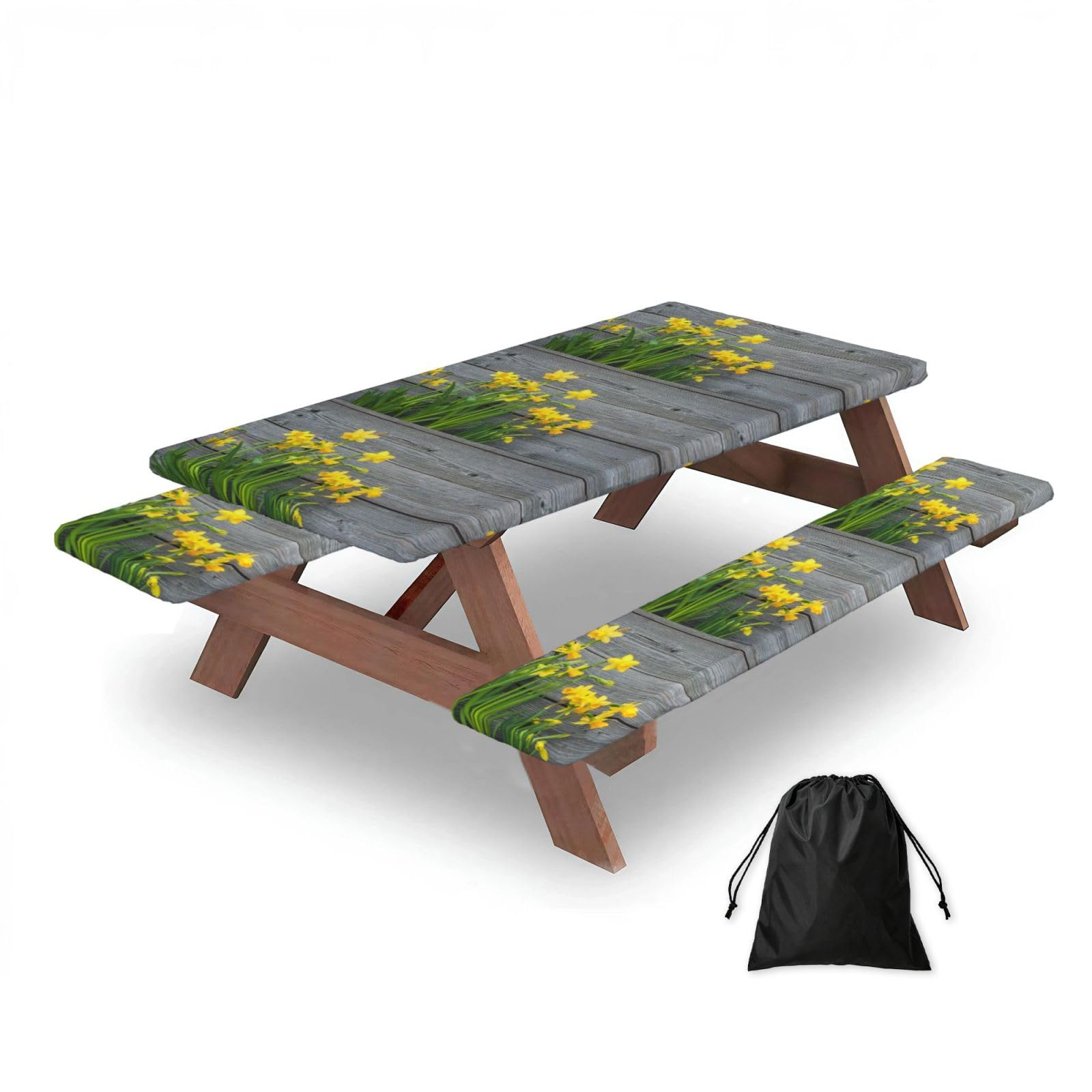 Dopklna As Picture Bouquet Of Daffodils Printing, Picnic Table Cover With Bench Covers -Waterproof Elastic Fitted Tablecloth For Garden Camping Patio 76X152cm