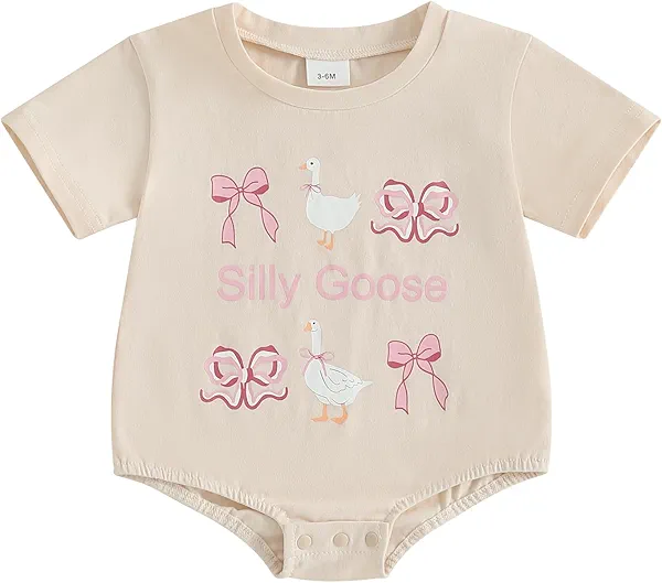 Summer Clothes Newborn Baby Girl Short Sleeve Bubble Romper Bow Goose Printed Bodysuit Top