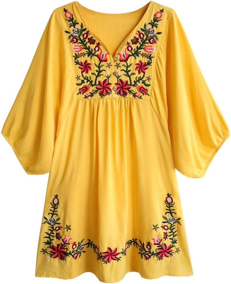 Kafeimali Summer Dress V Neck Mexican Embroidered Peasant Women's Dressy Tops Blouses