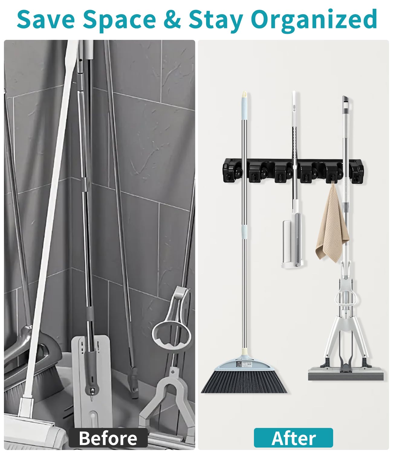 2 Pièces Balai Porte-Balais Mural avec 10 Emplacements et 12 Crochets – Support Mural pour Outils de Jardin et Garage