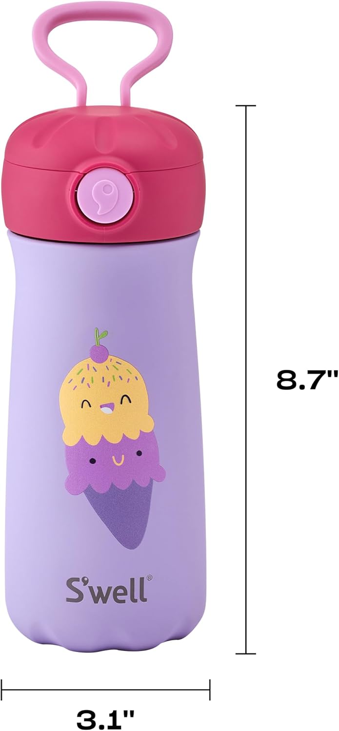 S'well Stainless Steel Kids Pop Top Traveler, 14oz, Happy Scoops, Triple Layered Vacuum Insulated Container Keeps Drinks Cold for 24 Hours, Leakproof, BPA Free, Easy Carrying On The Go