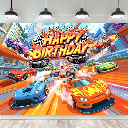 Riyidecor Hot Racing Car Happy Birthday Backdrop for Men Boys 7Wx5H Feet Polyester Fabric Cartoon Colorful Plaid Bday Race Photography Background Birthday Table Decor Banner Studio Photo Shoot