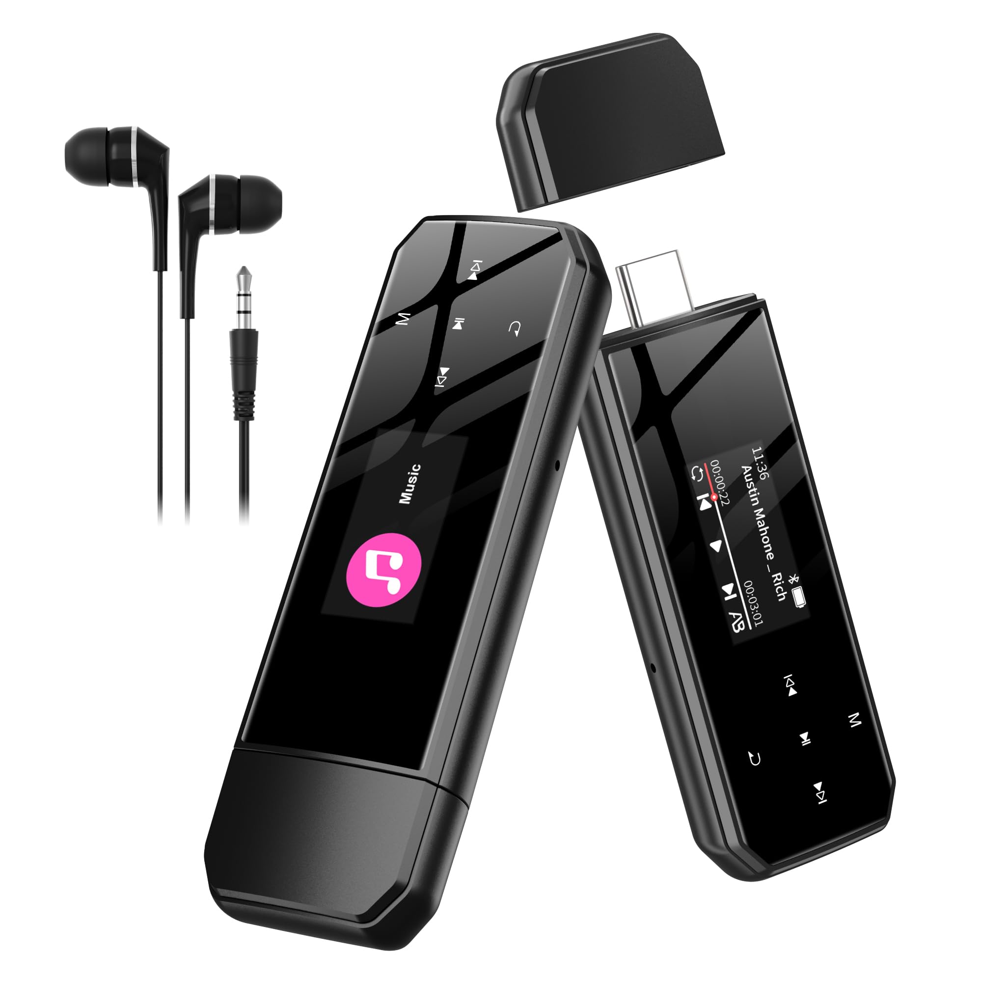SWOFY Lettore MP3 USB portatile Bluetooth 5.3, 32 GB, clip per sport e corsa, radio FM, registrazione vocale, trasferimento di file dal cellulare e riproduzione audio digitale casuale (nero)