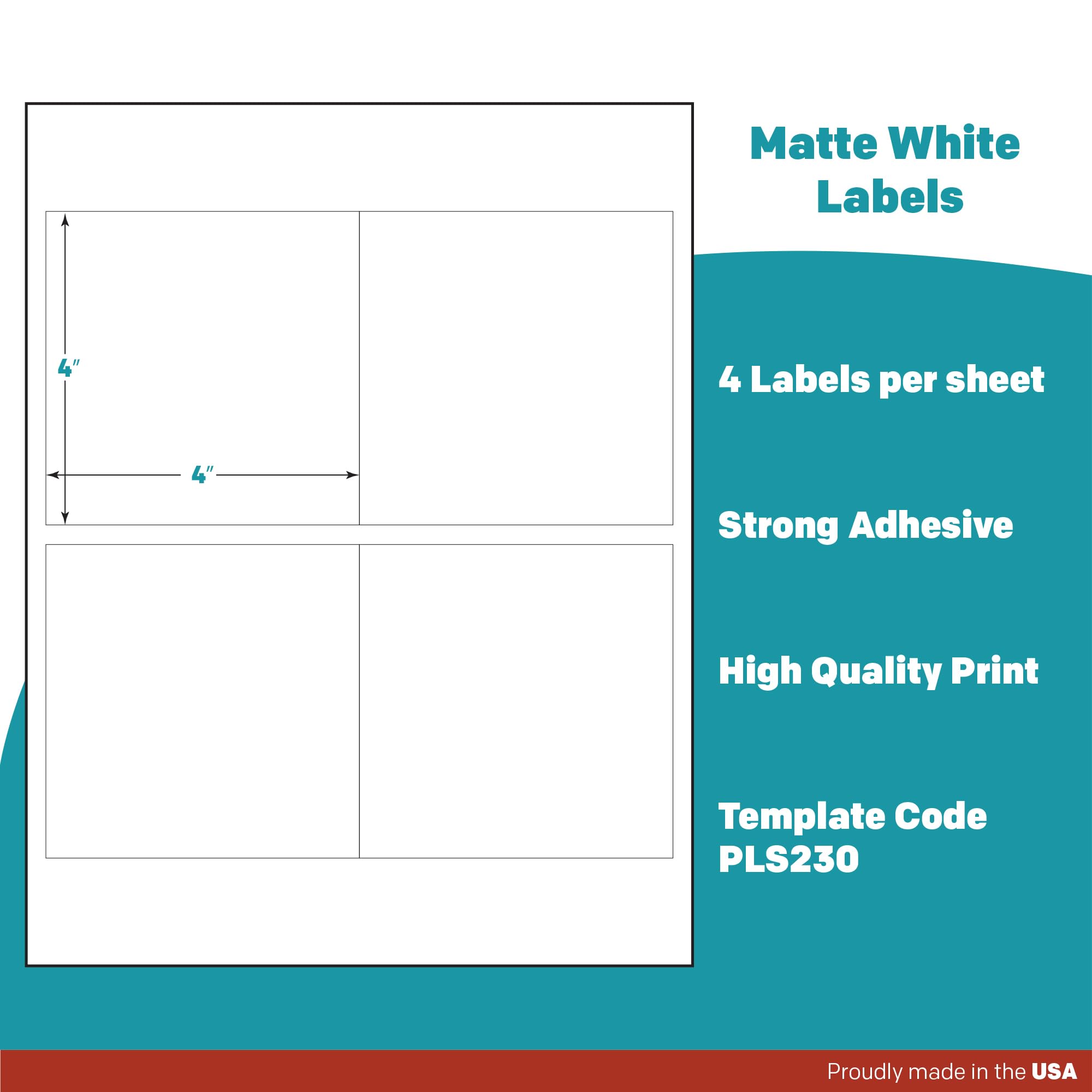 Premium Label Supply Etichette adesive quadrate bianche, 10,2 x 10,2 cm, compatibili con stampanti laser/a getto d'inchiostro, 4 per foglio, 100 fogli, 400 etichette adesive totali