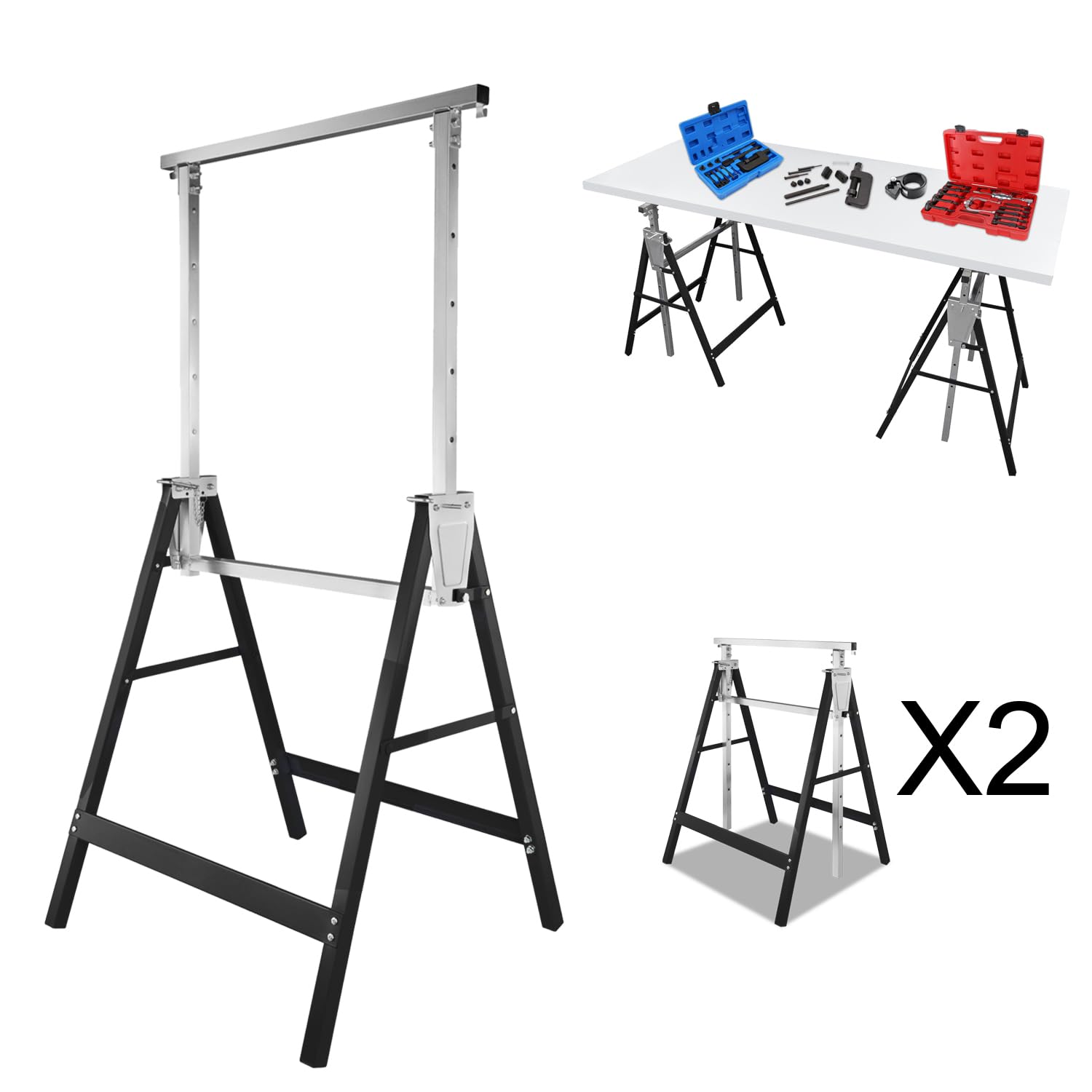 Lot de 2 tréteaux d'échafaudage Pliables en métal - Charge maximale : 200 kg - 7 Positions réglables en Hauteur de 80 à 130 cm