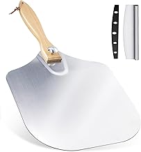 Aluminum Pizza Peel 12" x 14" Pizza Paddle with Foldable Wood Handle, Metal Pizza Spatula with Rocker Cutter for Easy Storage and Clean, Pizza Tools for Pizza Oven, Baking Pizza, Bread Pastry