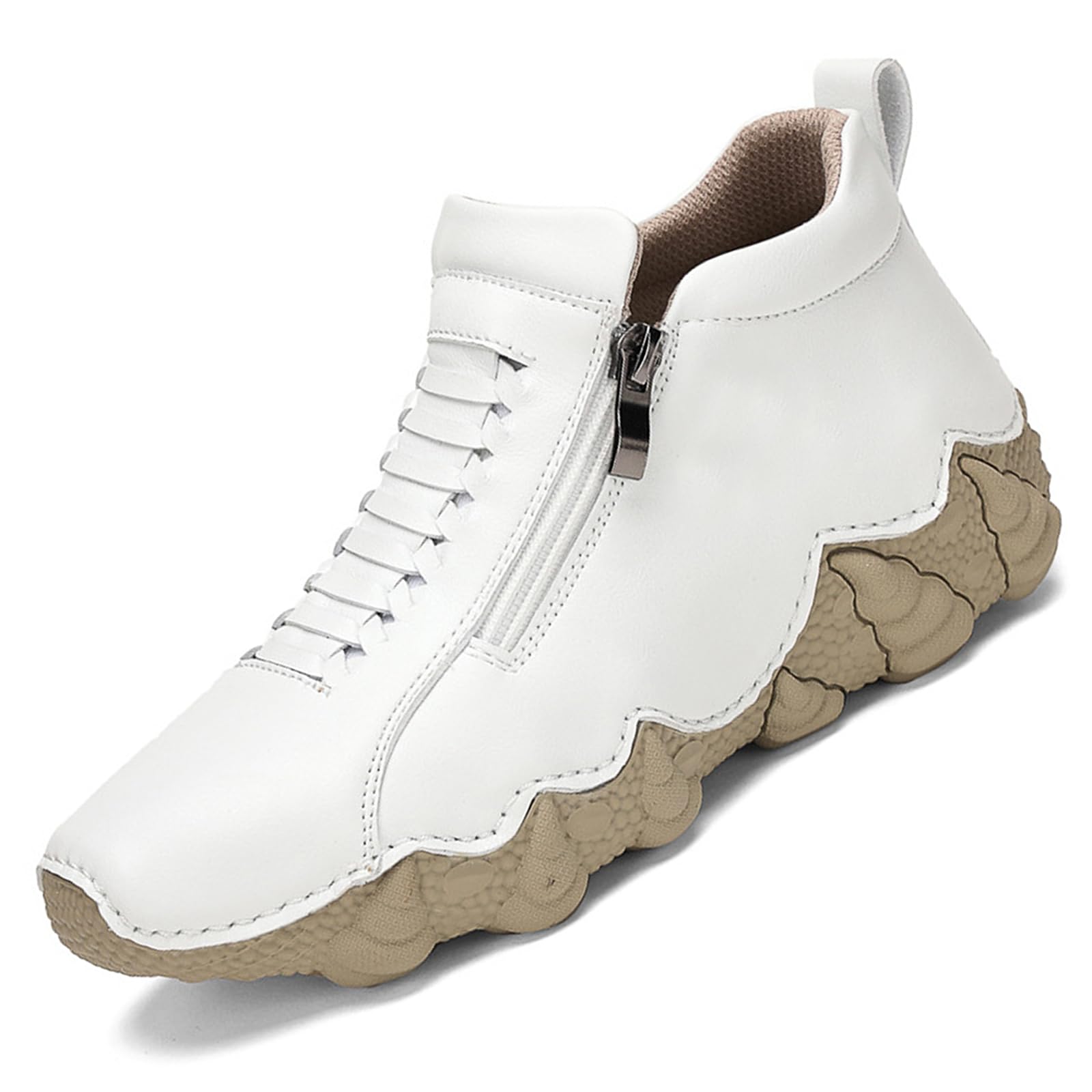 Womens Leather Casual Outdoor Zipper Ankle Boots Non-slip Lightweight Slip On Chukka Boots Fashion Sneakers for Walking Hiking