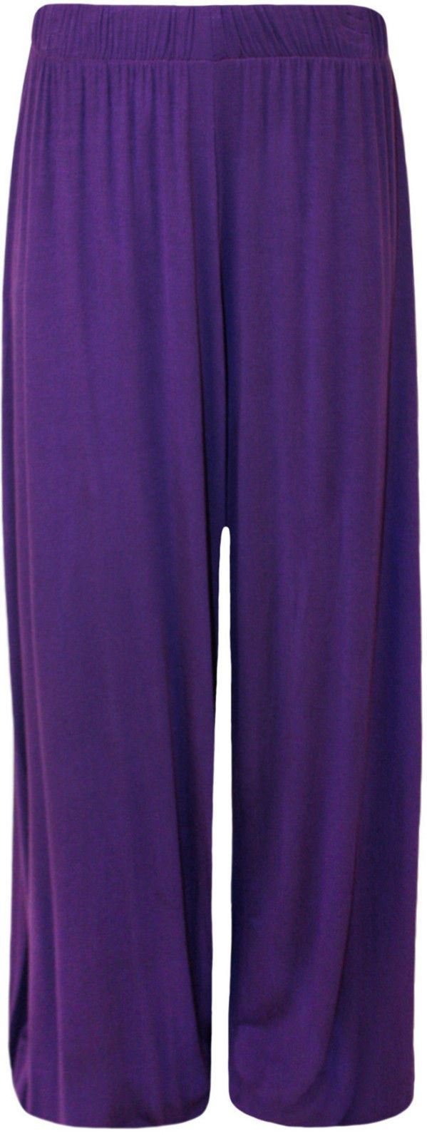 Women's Purple Plus Size Plain Palazzo Wide Leg Flared Trousers Pants - 20-22
