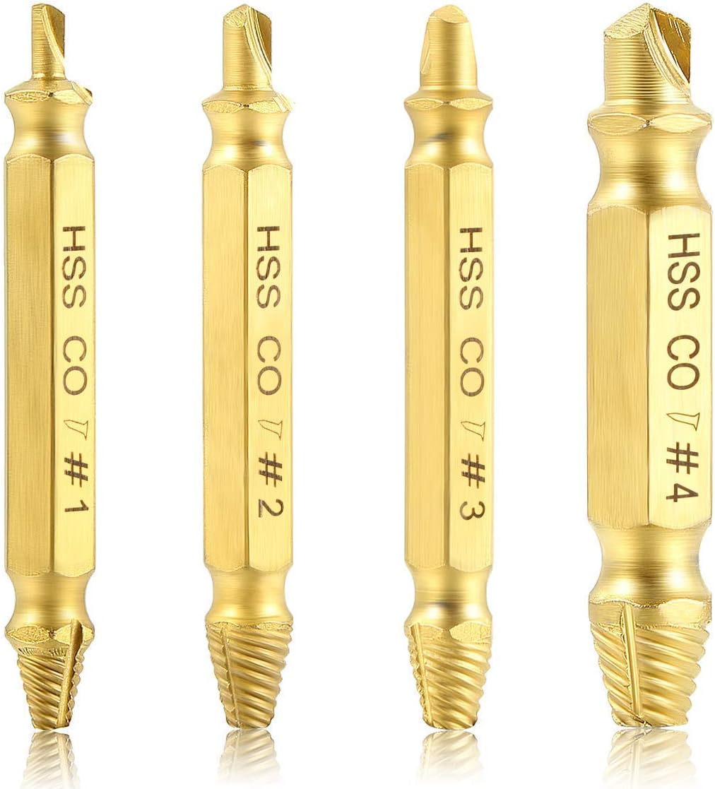 Damaged Screw Extractor and Remover Tool Set 4 Pieces by, Made from Premium HSS Co with Titanium Coating Broken Screw Nail Extractor, Hardness Cobalt Tool Drill Bit