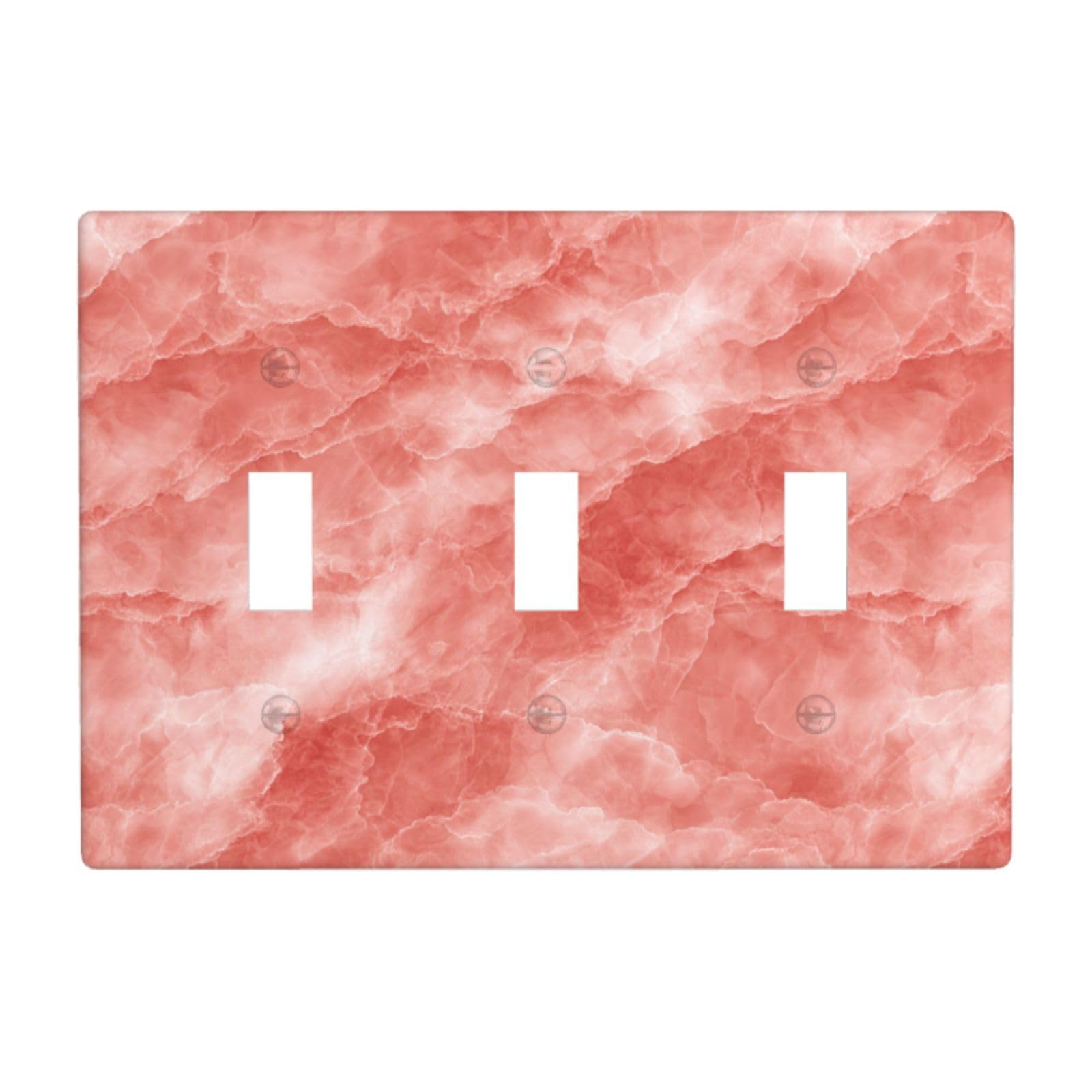 Pastel Red Coral Color Luxury Marble Light Switch Covers 3 Gang Triple Toggle Wall Plate Switchplate Electrical Faceplate for Bathroom Kitchen Bedroom Decor