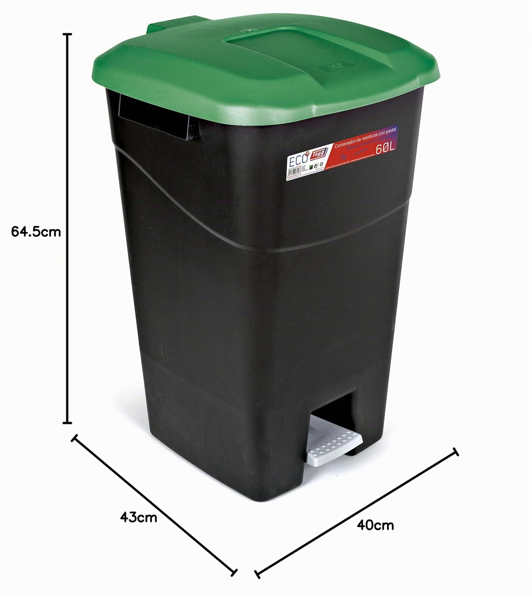 Tayg - Contenitore per rifiuti, 60 litri, con pedale, base nera e coperchio verde