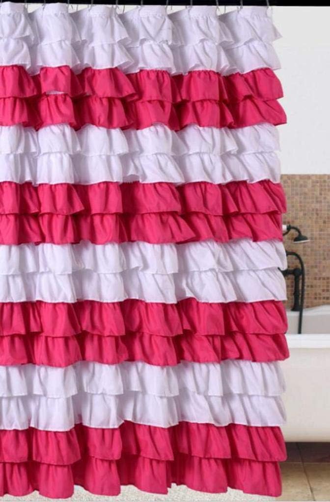 Waterfall Ruffled Fabric Shower Curtainsize 72 x 72 inch (Strip White/Pink)