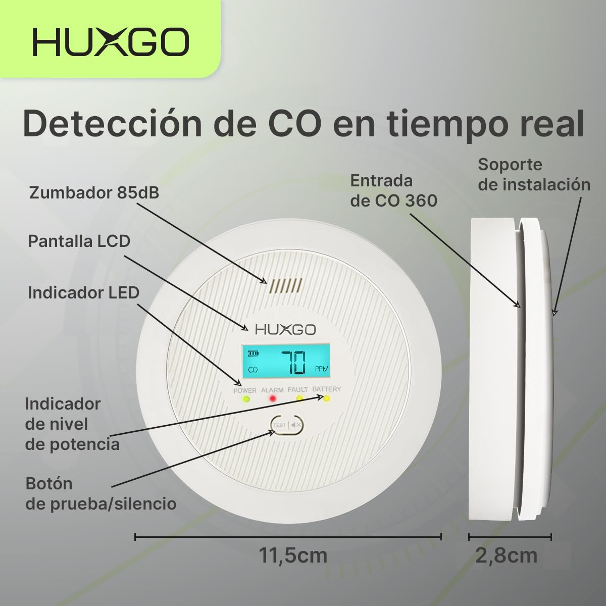 Detector Monoxido de Carbono HXAC01 | Sensor CO de Alta Precisión, Pantalla LCD Retroiluminada | Alarma de CO a Pilas para el Hogar